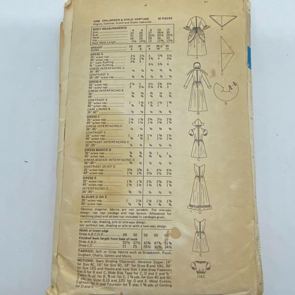 #4208 Butterick Sewing Pattern Pilgrim Colonial Dutch & Gypsy Costumes Sz 6 - Picture 3 of 4